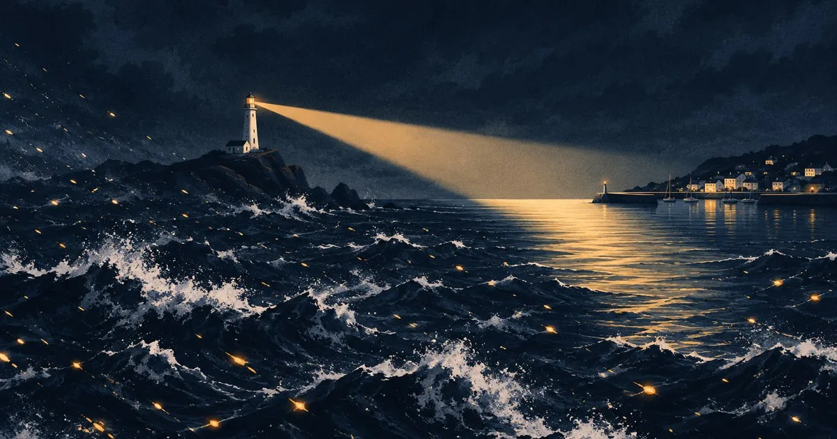 Illustration of a lighthouse at dusk whose beam lights one calm channel through a choppy, chaotic sea