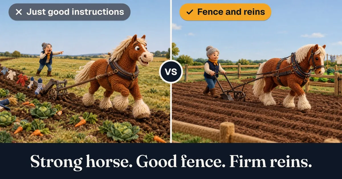 Meme in 2 halves. Left, captioned “Just good instructions”: a farmer calls out directions while her huge workhorse, with no reins and no fence, happily tears a wild furrow through the vegetable patch and the laundry. Right, captioned “Fence and reins”: the same horse works a fenced field in neat straight lines, the same farmer walking behind with the reins in her hands. Punchline: “Strong horse. Good fence. Firm reins.”