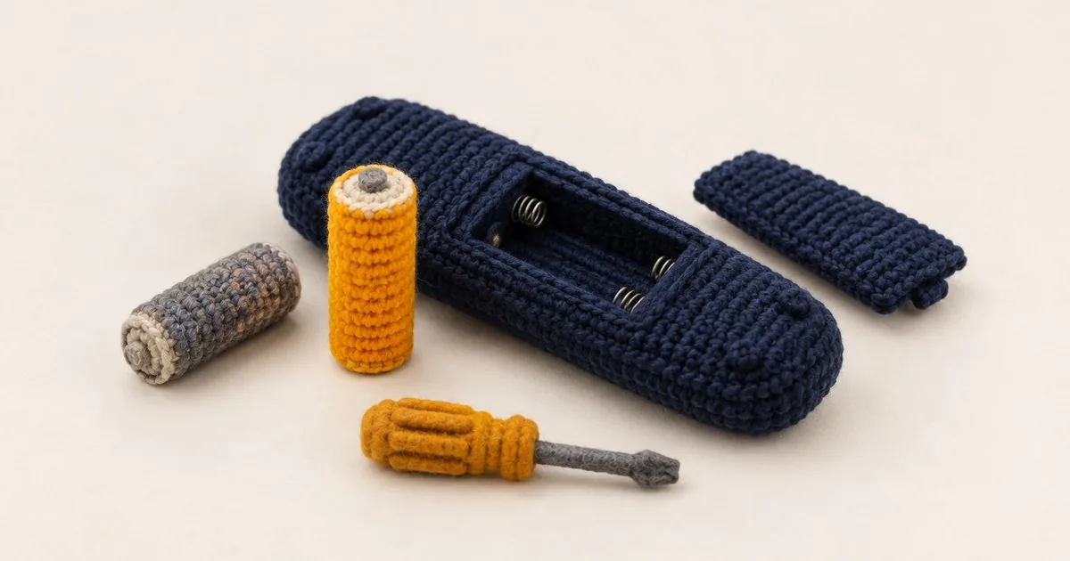 Picture in a crochet style: a navy remote control with its battery cover off, a worn grey battery lying beside it and a fresh amber battery standing ready to go in, with a small felt screwdriver in front.