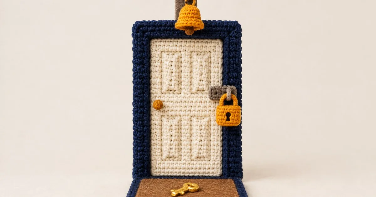 Picture in a crochet style: a closed cream front door in a navy frame, with an amber padlock on the latch, a small amber bell hanging above it, and a toy key on the doormat in front.