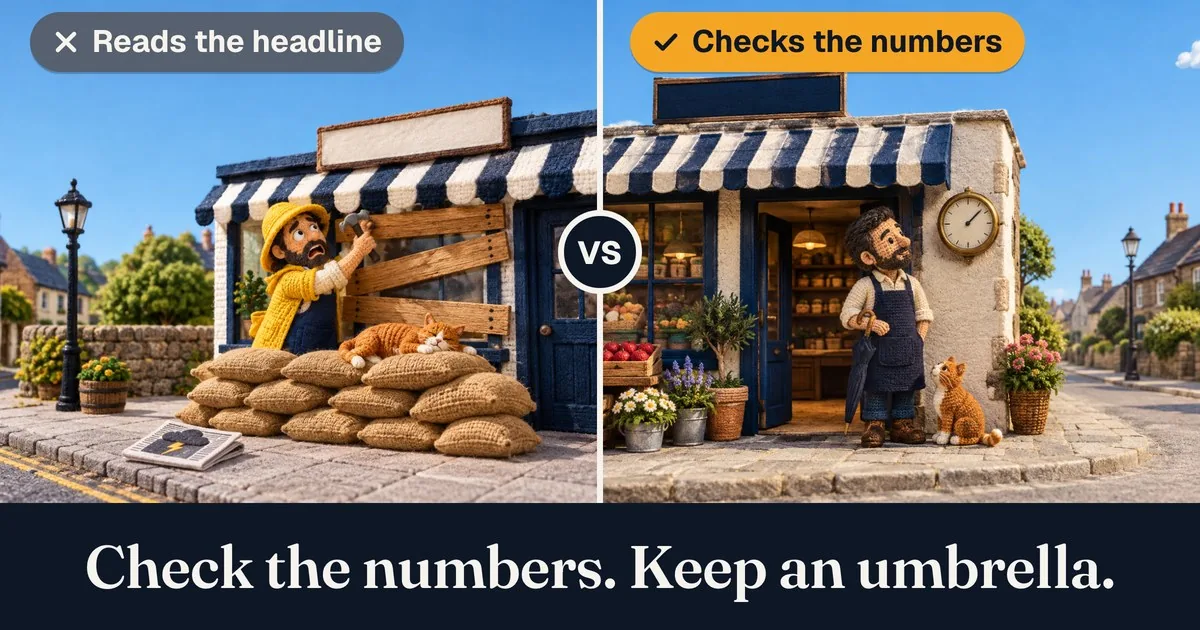 Meme in 2 halves. Left, captioned “Reads the headline”: under a clear blue sky with 1 small white cloud, a shop owner in a yellow rain hat frantically boards up his shop window behind a wall of sandbags while a cat sunbathes on top of them. Right, captioned “Checks the numbers”: the same shop is open for business, and the same owner calmly reads a weather gauge by the door, a closed umbrella hooked on his arm. Punchline: “Check the numbers. Keep an umbrella.”