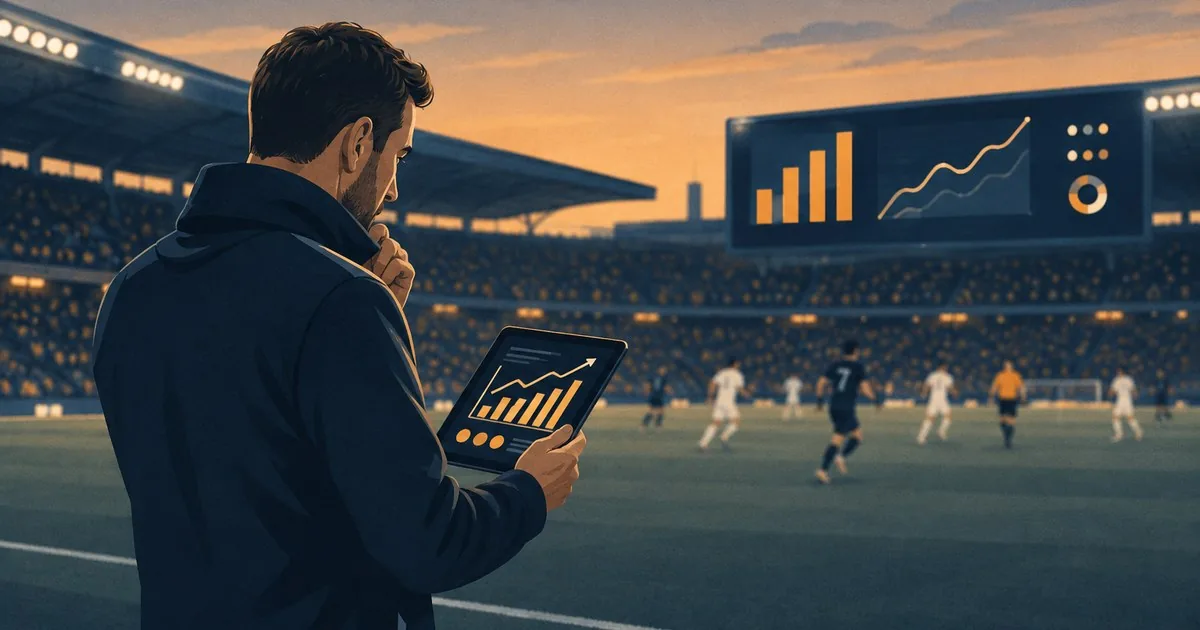 Illustration of a coach on a stadium sideline studying performance charts on a tablet