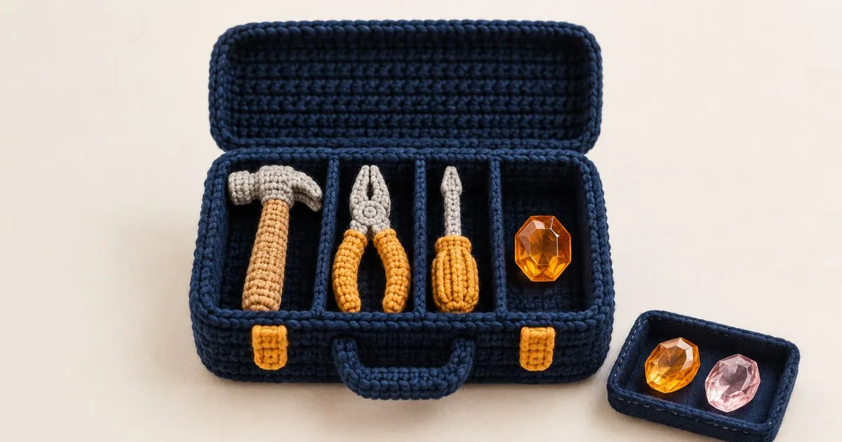 Picture in a crochet style: an open navy toolbox holding a hammer, pliers and a screwdriver, with 1 gem-shaped crystal candy in its last compartment and 2 more waiting on a small tray beside it.