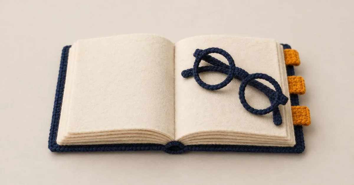 Picture in a crochet style: an open felt book with blank pages and 3 amber page markers, with a pair of navy reading glasses resting on it.