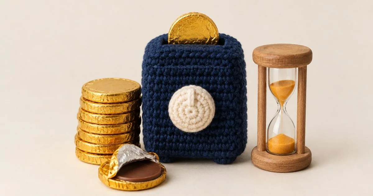 Picture in a crochet style: a gold-wrapped chocolate coin drops into the slot of a small navy machine with a single dial, beside a neat stack of gold chocolate coins, 1 half unwrapped, and a wooden sand timer that is running.