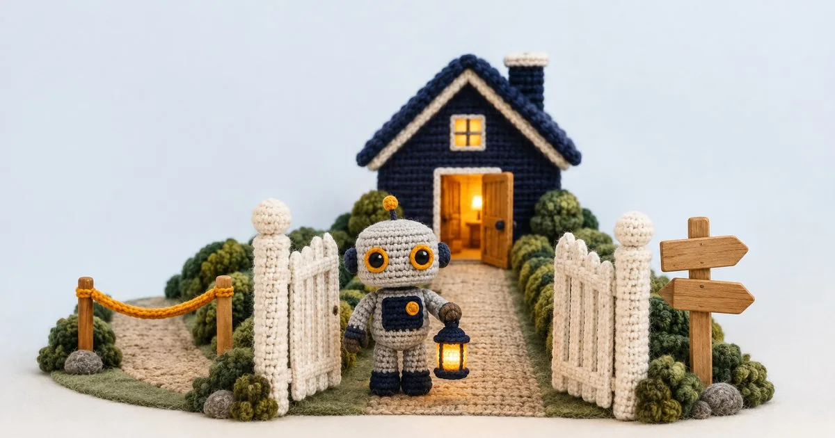 Picture in a crochet style: a small toy robot with a lantern at an open garden gate, a tidy path leading to a navy house with its door open, a signpost with blank arrows, and a side path closed off with a rope.