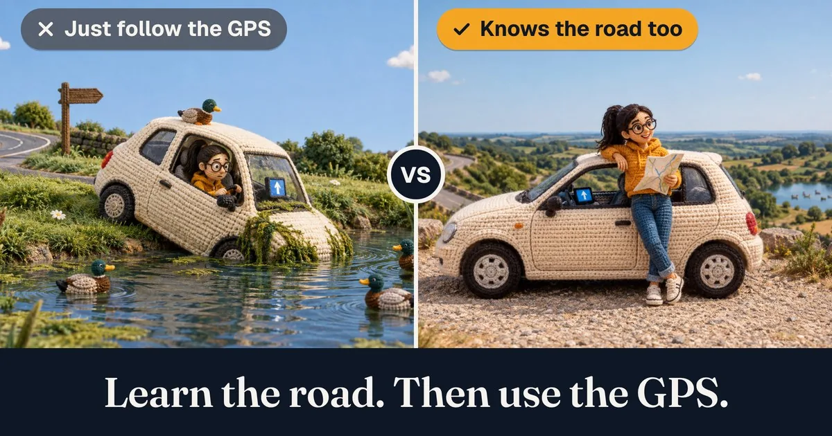 Meme in 2 halves. Left, captioned “Just follow the GPS”: a young driver sits baffled in a small car that has rolled nose-first into a duck pond, the screen on the dashboard still glowing and ducks swimming around the front of the car. Right, captioned “Knows the road too”: the same driver, relaxed and smiling, has parked the same car neatly at a hilltop viewpoint, the screen glowing and a paper map folded on the dashboard. Punchline: “Learn the road. Then use the GPS.”