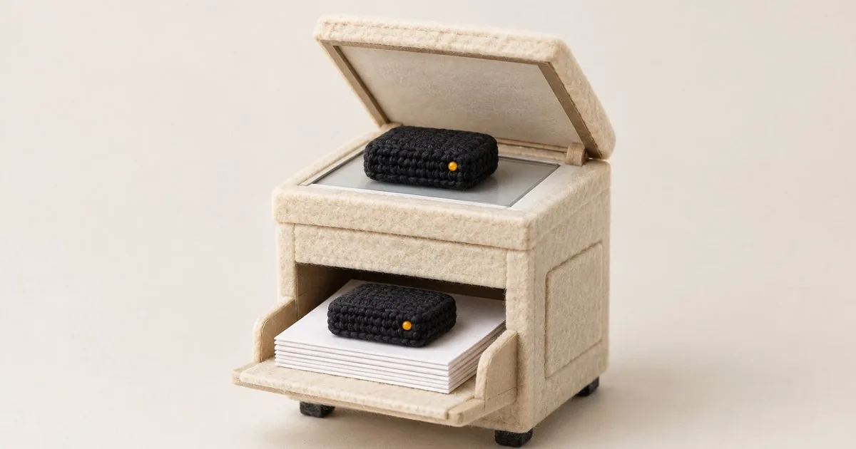 Picture in a crochet style: a small black TV box sits on the glass of a felt photocopier, and an identical copy of it rests on the paper in the output tray.