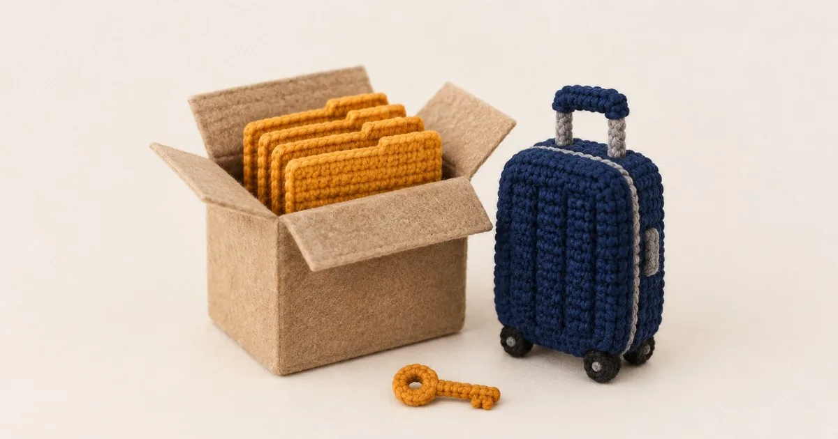 Picture in a crochet style: an open moving box packed with amber folders stands beside a small navy suitcase, with a key lying in front.