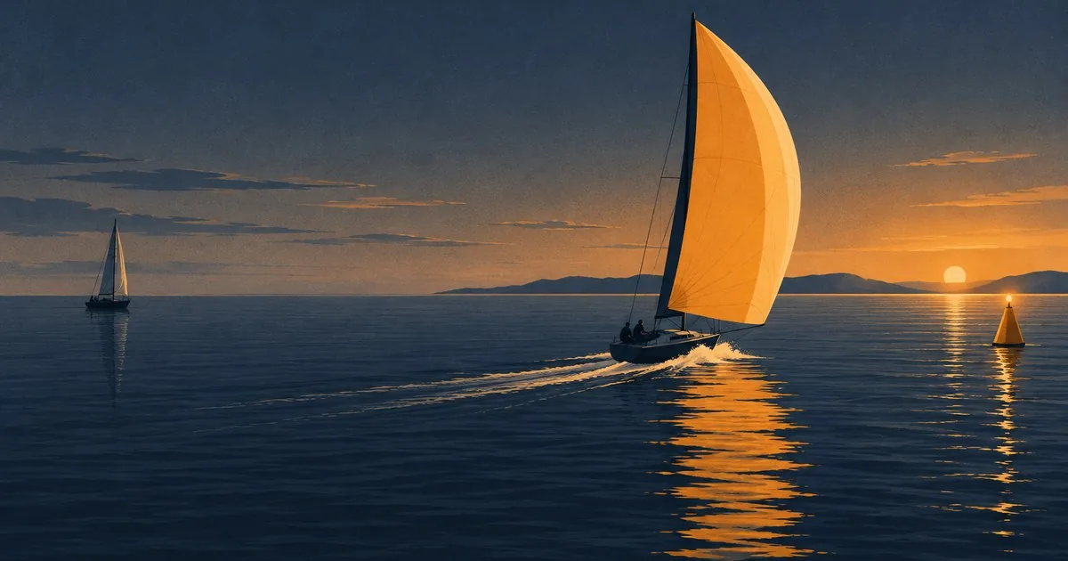 Illustration of a sailing race: one boat with a full, glowing sail surges far ahead while another sits becalmed far behind